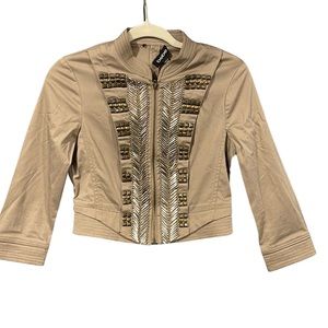 BEBE Brown Tan Accent Zipper Front Cotton Jacket Size XS Beaded Cropped Western